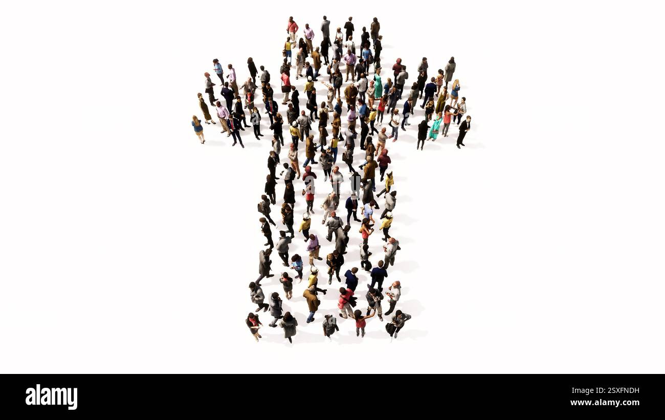 Konzept oder konzeptionelle große Gemeinschaft von Menschen, die das Bild des religiösen christlichen Kreuzes bilden. Eine 3D Illustration Metapher für Gott, Christus, Ordensleute Stockfoto