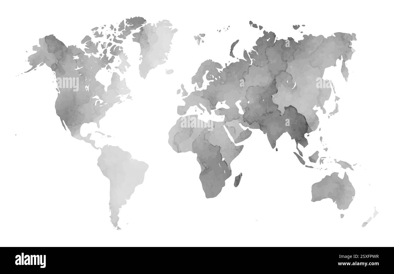 Eine strukturierte Weltkarte zeigt ein sanftes Aquarelldesign in Grautönen. Das künstlerische Rendering hebt geografische Merkmale mit einem fließenden, organischen Stil hervor, der jeden Raum aufwertet. Stock Vektor