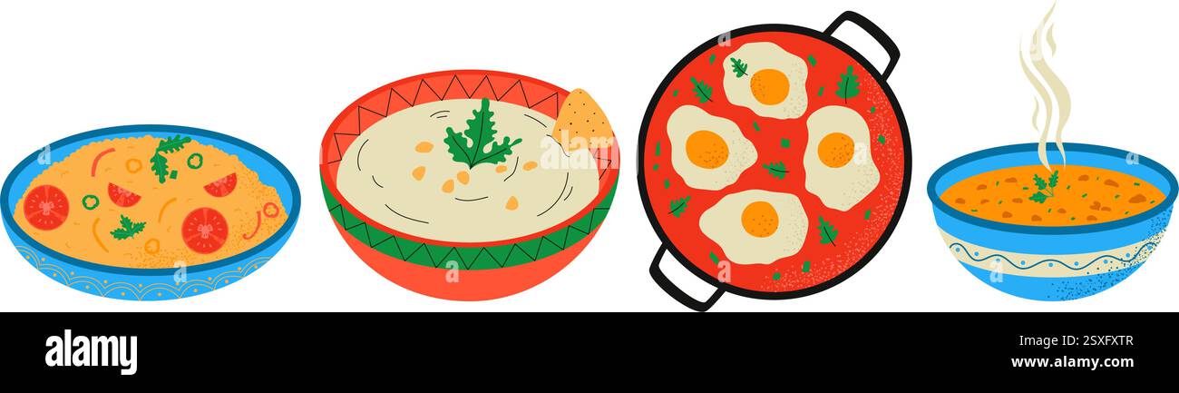 Hummus, Couscous, Shakshuka, Linsensuppe. Traditionelle türkische Küche. Handgezeichnete Vektorgrafik Stock Vektor