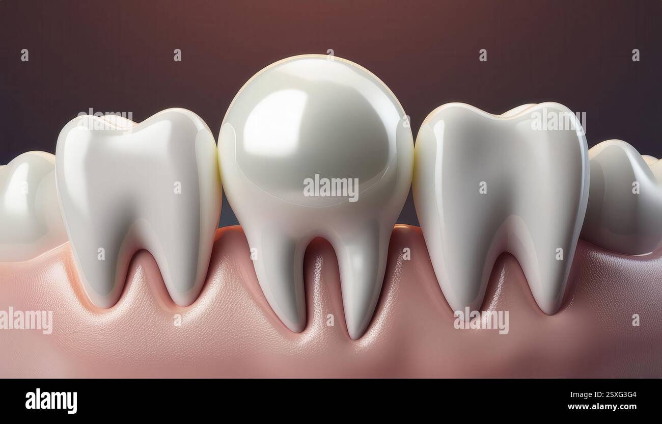 Diese detaillierte Abbildung zeigt die Anatomie der menschlichen Zähne und des Zahnfleisches und betont die Zahngesundheit. Stockfoto
