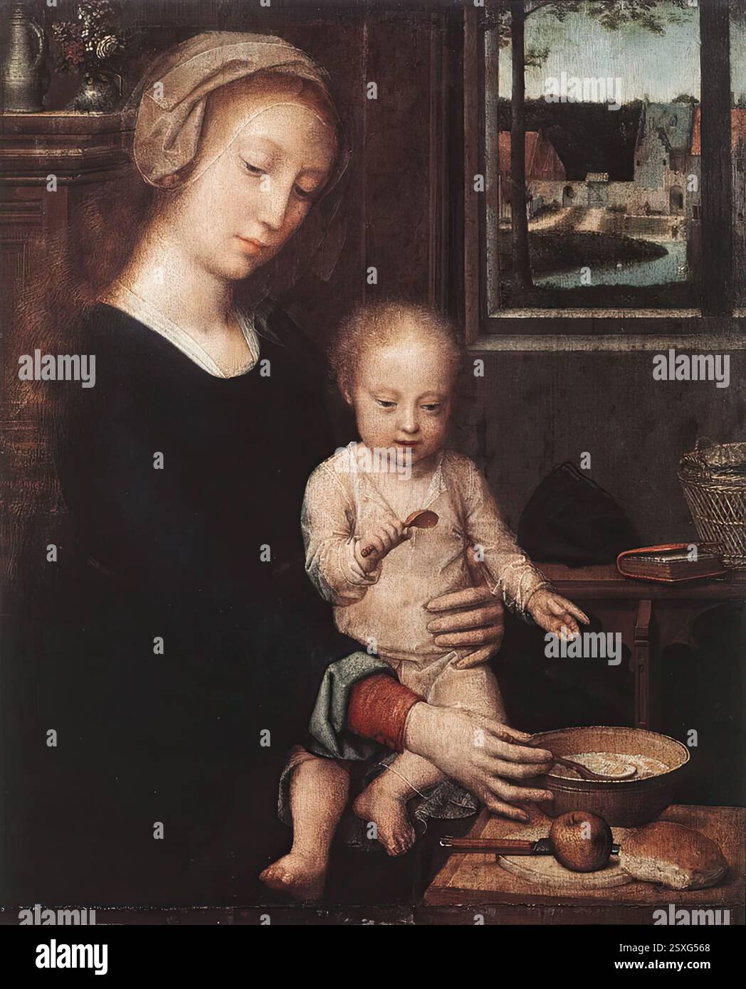 DAVID, Gerard (* 1460, Oudewater, d. 1523, Brügge) Madonna und Kind mit der Milchsuppe um 1520 Öl auf Eiche, 35 x 29 cm Musées Royaux des Beaux-Arts, Brüssel mehrere Versionen dieses Bildes sind bekannt, die alle Gerard David zugeschrieben werden, dessen Stil und Maltechnik sie zeigen. Die Präsentation der Jungfrau im Vordergrund, halb zum Betrachter hin gerichtet, erlaubt uns, in die Intimität dieses Wohnraums einzutreten, dessen Fenster auf ein zeitgenössisches Stadtbild geöffnet ist. Ein Korb und ein Gebetsbuch liegen auf einer Konsole an der Wand. Nach links, eine Tasse Stockfoto DAVID, Gerard (* 1460, Oudewater, d. 1523, Brügge) Madonna und Kind mit der Milchsuppe um 1520 Öl auf Eiche, 35 x 29 cm Musées Royaux des Beaux-Arts, Brüssel mehrere Versionen dieses Bildes sind bekannt, die alle Gerard David zugeschrieben werden, dessen Stil und Maltechnik sie zeigen. Die Präsentation der Jungfrau im Vordergrund, halb zum Betrachter hin gerichtet, erlaubt uns, in die Intimität dieses Wohnraums einzutreten, dessen Fenster auf ein zeitgenössisches Stadtbild geöffnet ist. Ein Korb und ein Gebetsbuch liegen auf einer Konsole an der Wand. Nach links, eine Tasse Stockfoto