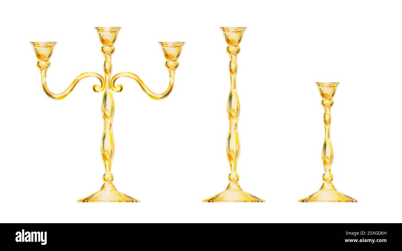 Aquarell isolierte Cliparts von eleganten goldenen Kerzenleuchtern ohne Kerzen und zwei Kerzenleuchter. Perfekt für Hochzeiten, Veranstaltungsdekor und romantische Abendessen Stockfoto Aquarell isolierte Cliparts von eleganten goldenen Kerzenleuchtern ohne Kerzen und zwei Kerzenleuchter. Perfekt für Hochzeiten, Veranstaltungsdekor und romantische Abendessen Stockfoto
