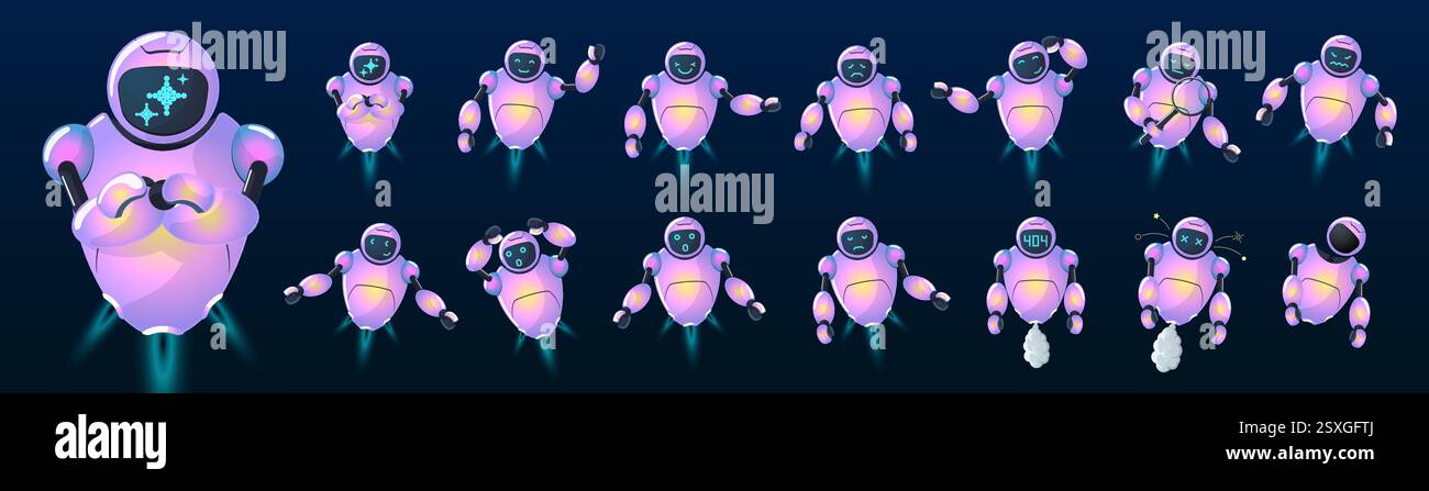 Niedliches Roboter-Maskottchen-Set. Futuristische KI-Chatbot-Charaktere in verschiedenen Posen. Freundliche Cyborgs mit digitalen Gesichtern, neuronalen Netzwerken und technisch inspirierten Designs. Automatisierung, virtueller Assistent oder Online-Service Stock Vektor