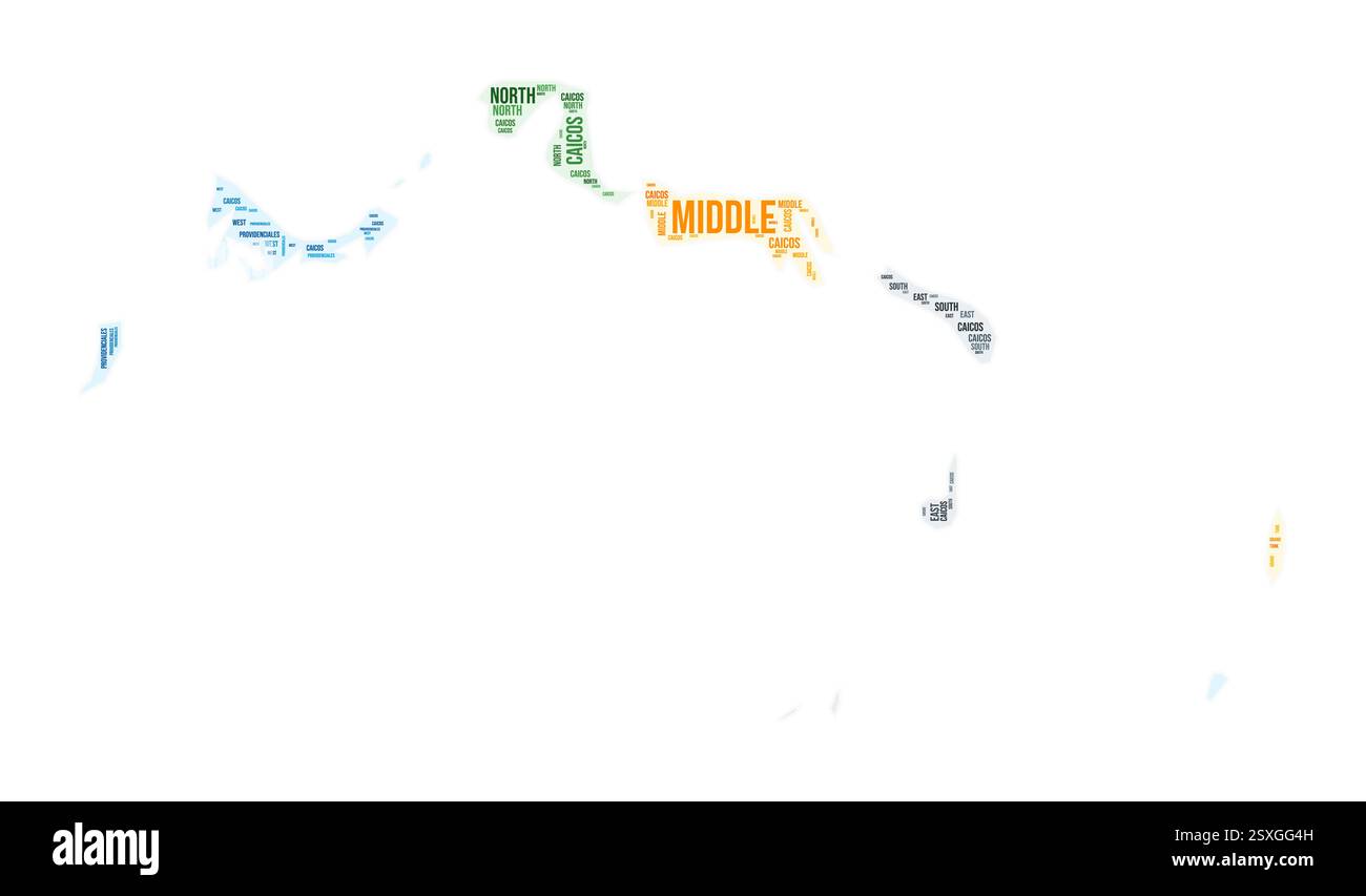 Turks- und Caicosinseln Region Wortwolke. Ländliches Design. Farbige Illustration der Turks- und Caicosinseln. Bereichsnamen Collage Cloud. Stock Vektor