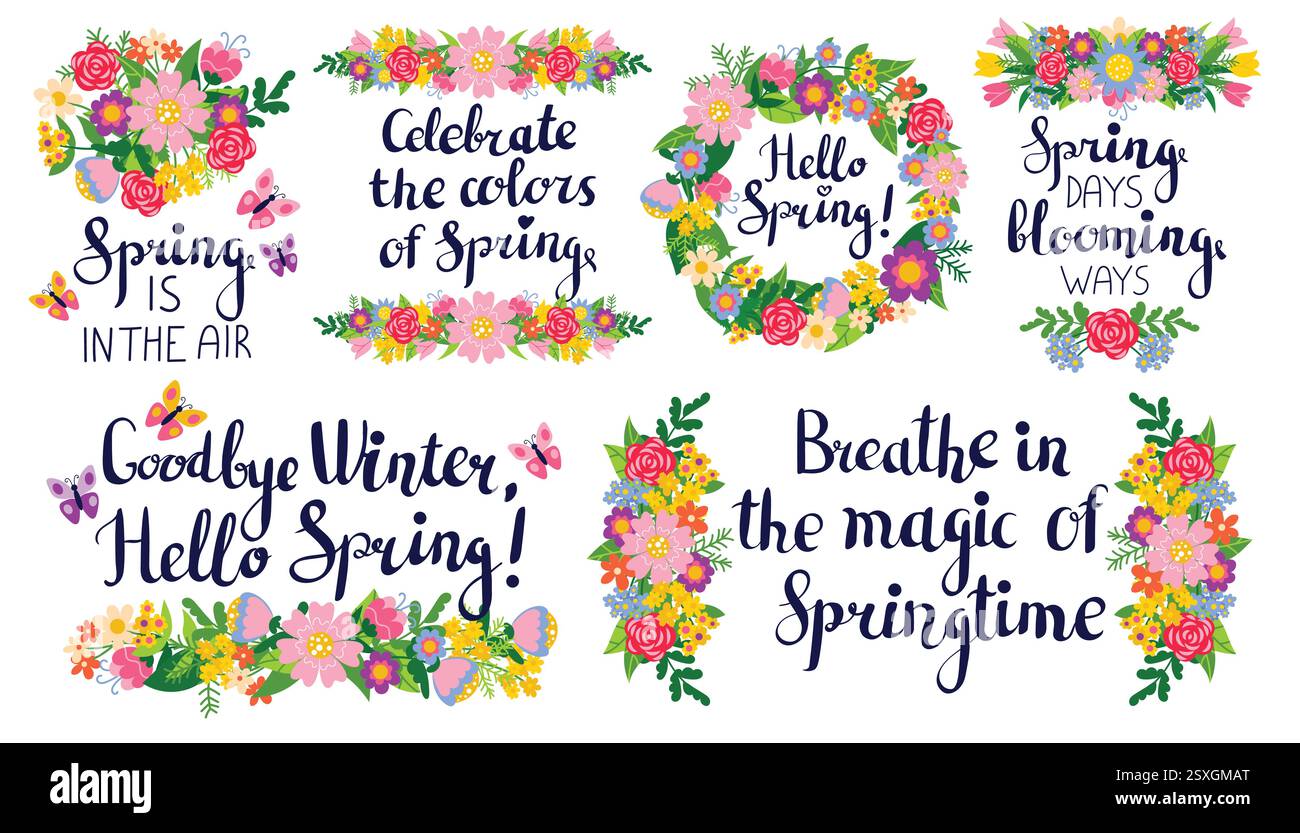 Niedliche Sammlung von Frühlingsbeschriftungen für Karten oder Poster mit bunten Blumenkompositionen, Kränzen, Trennwänden und Rahmen für die Frühlingssaison. Stock Vektor