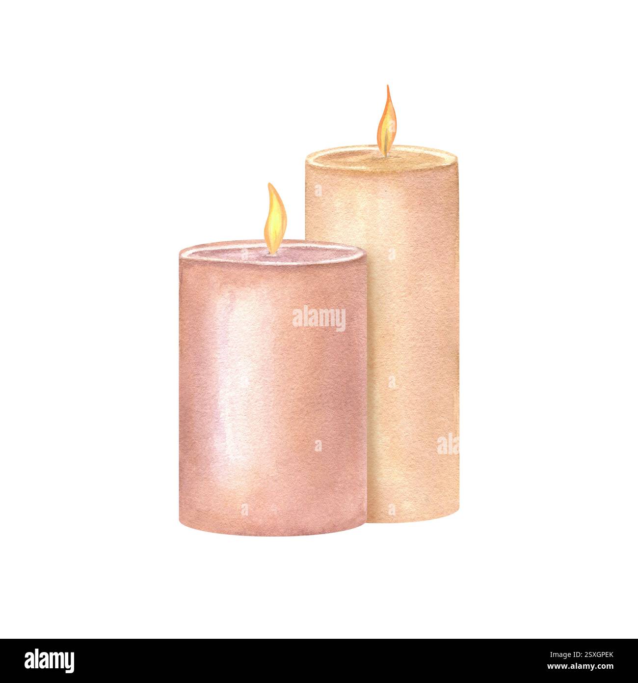 Zwei brennende Paraffinwachssäulenkerzen in neutralem Ton Aquarellillustration isolierter Hintergrund. Flammenkerzen-Komposition für Neujahr, Weihnachten Stockfoto
