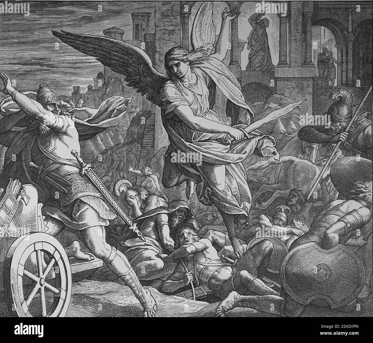 Bibel. Der Engel des Herrn tötete assyrische Soldaten. Zweites Buch der Könige. Illustration von J. Schnorr von Carolsfeld (1794-1872) Stockfoto