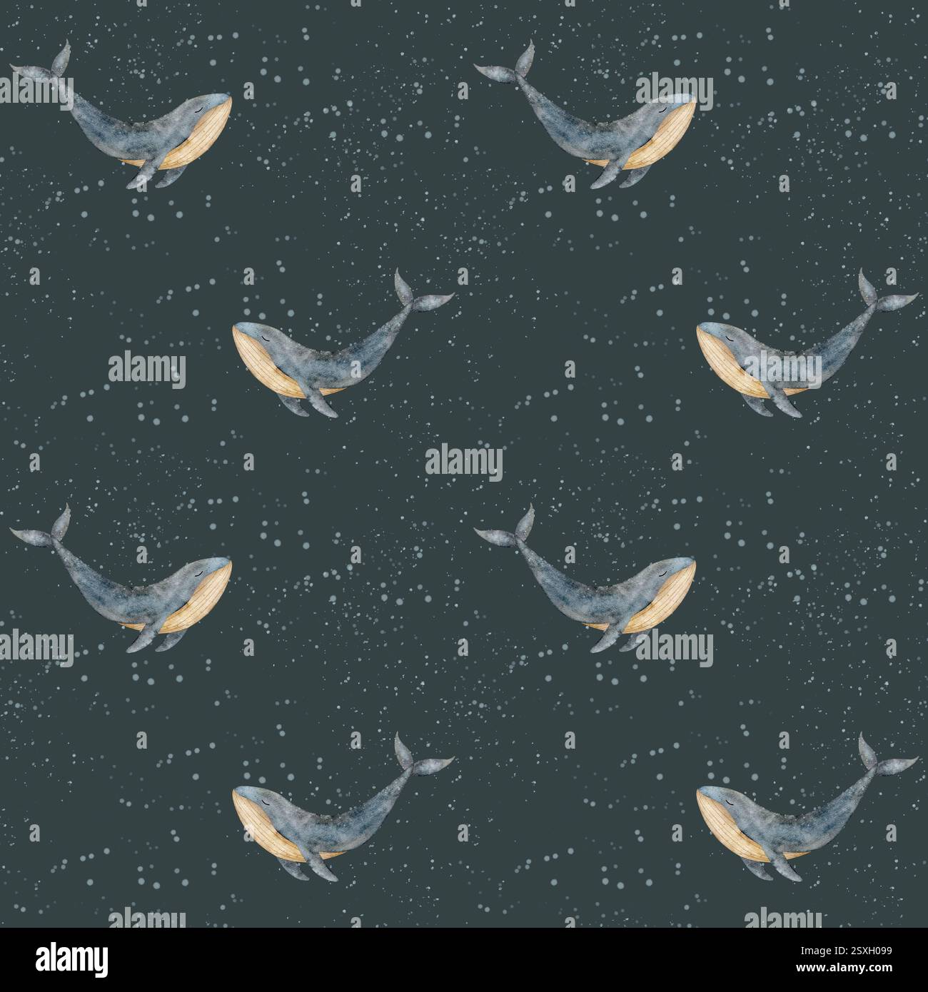 Muster Aquarell Vintage Blauwal in Spritzern. Nahtloses Kindermuster. Handgezeichnete Illustrationen isoliert auf dunklem Hintergrund für Designtextilien Stockfoto