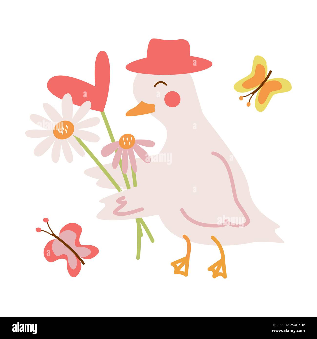 Vektor süße Gans in einem Hut trägt einen Blumenstrauß und Grün für den Urlaub. Ein Satz von Elementen für Grußdesign, Postkarten, Aufkleber, Drucke. Stock Vektor