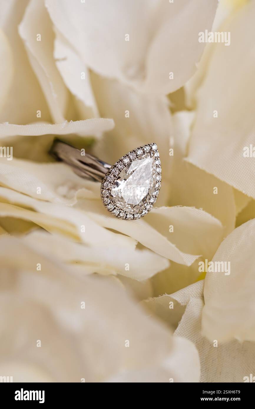 Ein atemberaubender tropfenförmiger Diamant-Ring, eingerahmt von zarten weißen Blüten, strahlt Eleganz und zeitlose Schönheit aus. Stockfoto