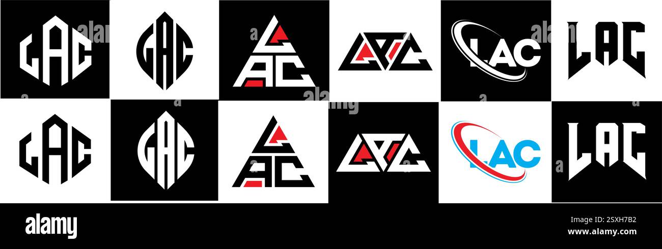 LAC Letter-Logo im 6er-Stil. LAC Polygon, Kreis, Dreieck, Sechseck, flach und schlicht mit schwarz-weißem Schriftzug Stock Vektor
