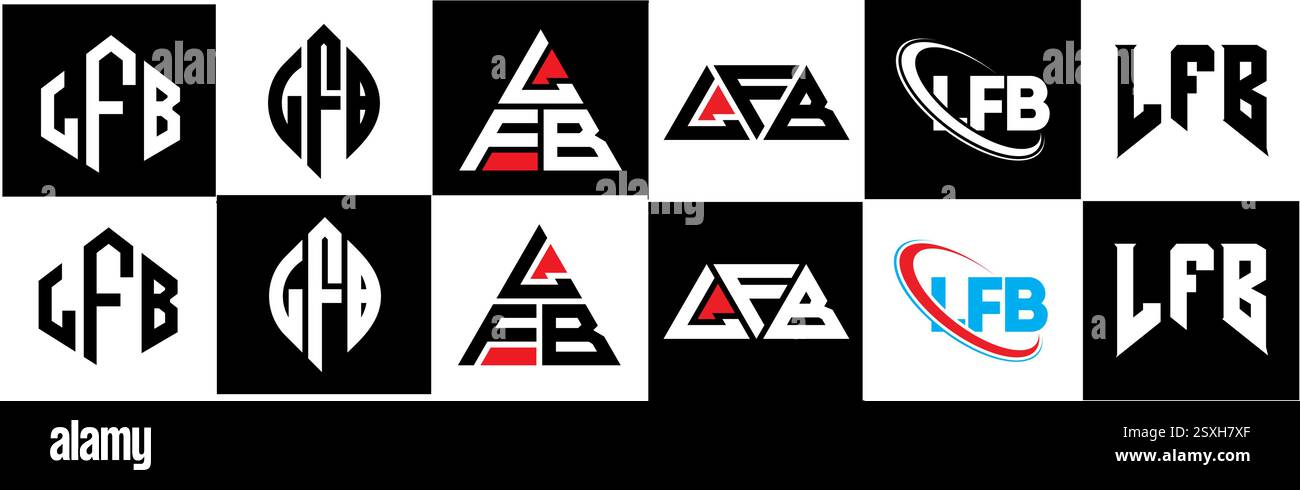 LFB-Letter-Logodesign im 6-Stil. LFB-Polygon, Kreis, Dreieck, Sechskant, flach und einfach mit schwarz-weißem Schriftzug Stock Vektor