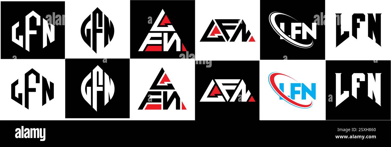 LFN Letter Logo im 6er-Stil. LFN-Polygon, Kreis, Dreieck, Sechskant, flach und einfach mit schwarz-weißem Schriftzug Stock Vektor