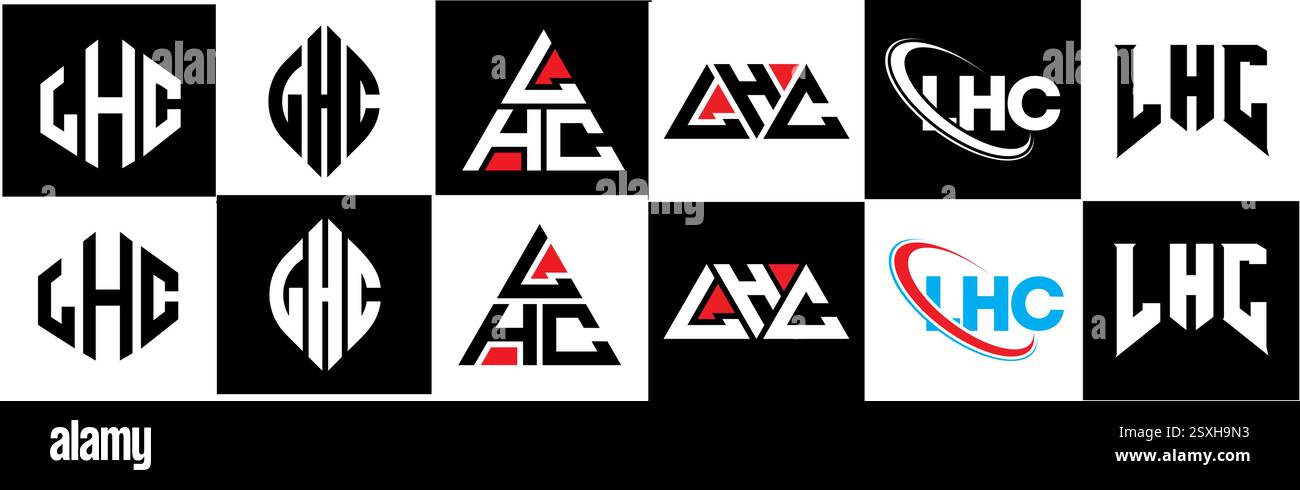 LHC Letter Logodesign im 6er-Stil. LHC Polygon, Kreis, Dreieck, Sechskant, flach und einfach mit schwarz-weißem Buchstaben-Logo in verschiedenen Farben Stock Vektor