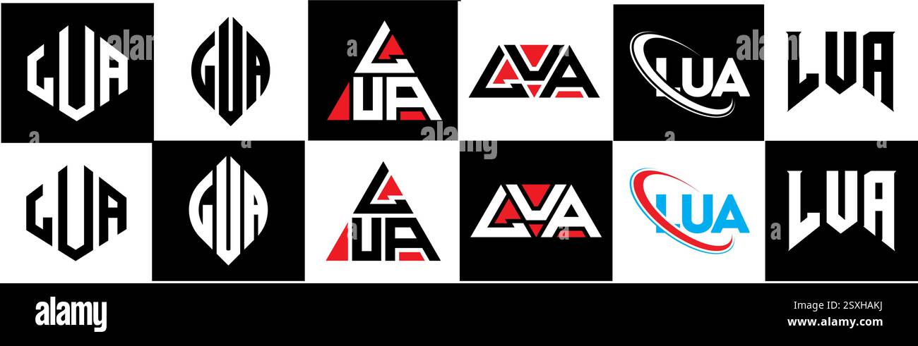 LUA Letter-Logo im 6er-Stil. LUA Polygon, Kreis, Dreieck, Sechseck, flacher und einfacher Stil mit schwarz-weißem Schriftzug Stock Vektor