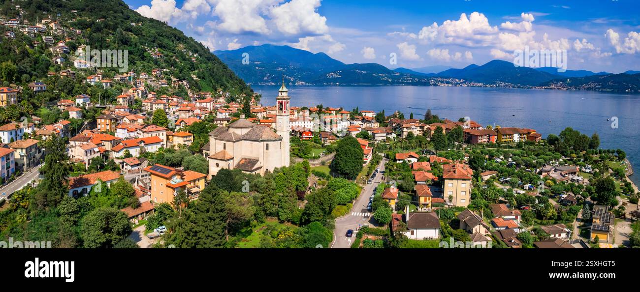 Italien, Region Piemont (Piemont) schöner Lago Maggiore. Malerisches Dorf Cassino an der Riviera von Cannero, Grenze zur Schweiz. Luftaufnahme Stockfoto