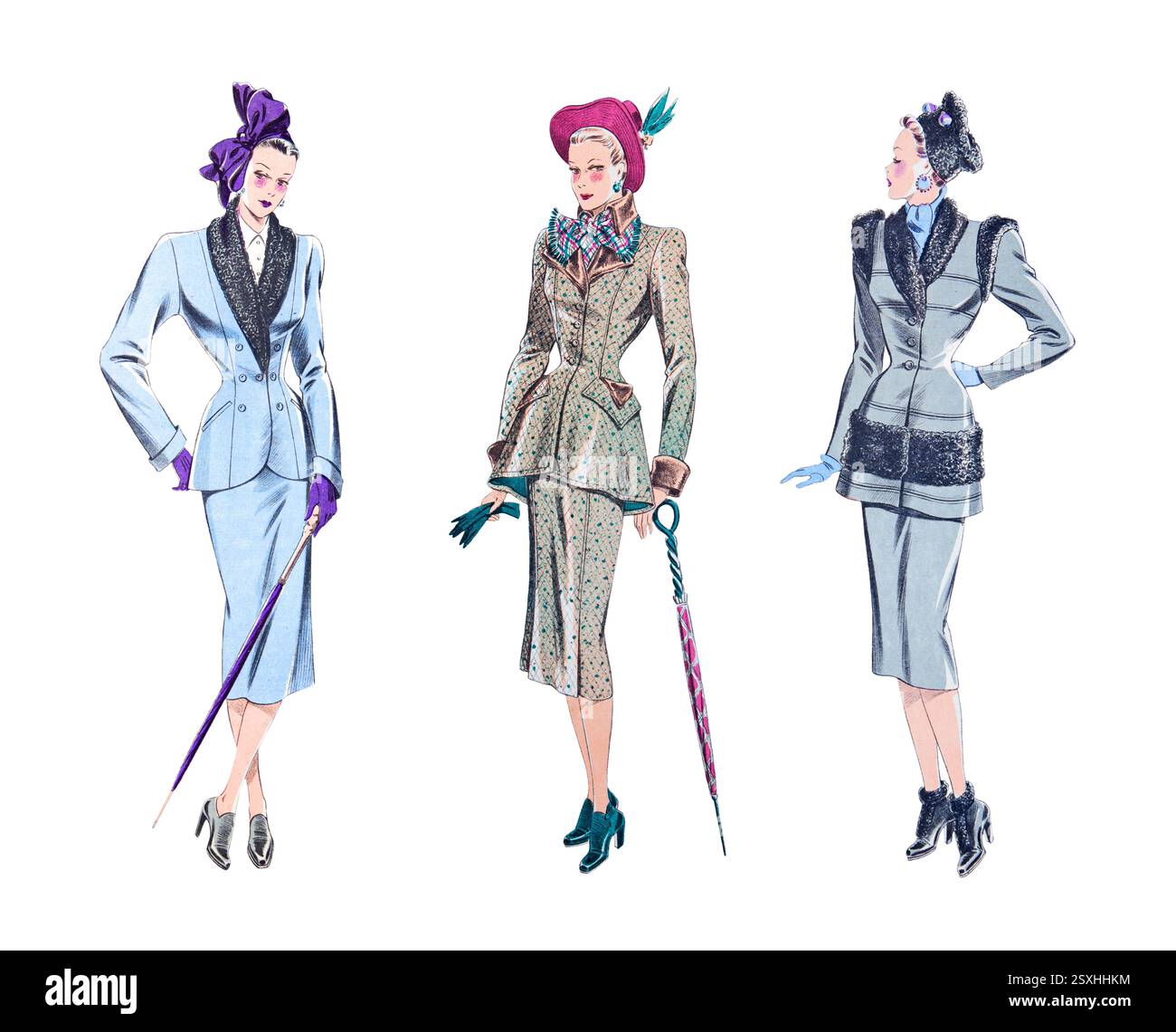 Retro-Mode der 1930er-1940er-Jahre drei Modelle Oberbekleidung mit Pelzfransen isoliert auf weißem Hintergrund Stockfoto