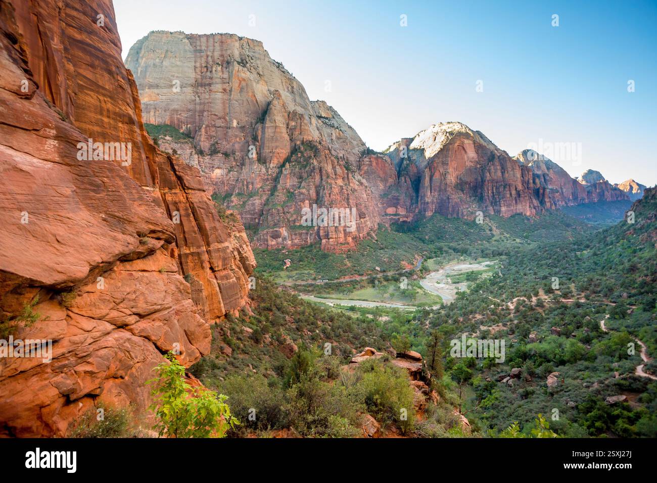 Blick hinunter in den Kühlschrank Canyon vom West Rim Trail bis zum Angels Landing im Zion National Park, Utah Stockfoto