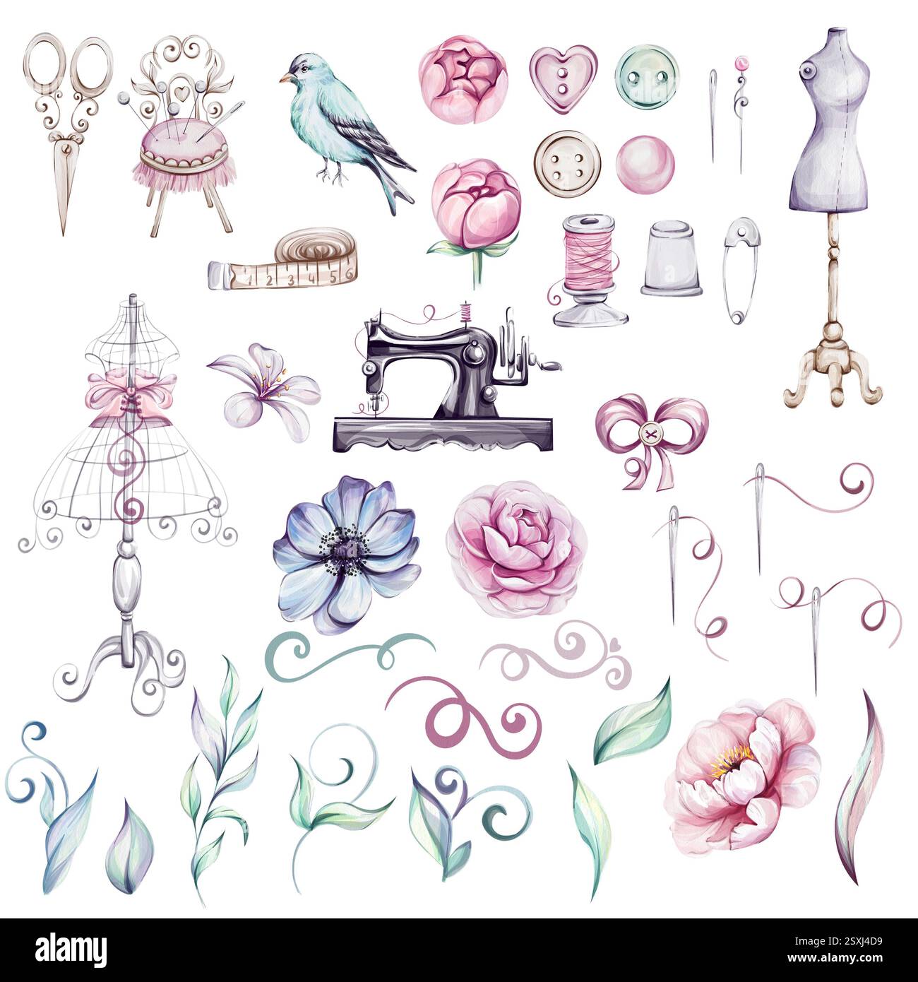 Aquarellset Vintage-Nähte mit Blume im Retro-Stil. Maschine, Schere, Schaufensterpuppe, Nadeln, Nadeln für Schneidereien und Bastelarbeiten. Schneiderwerkstatt Stockfoto
