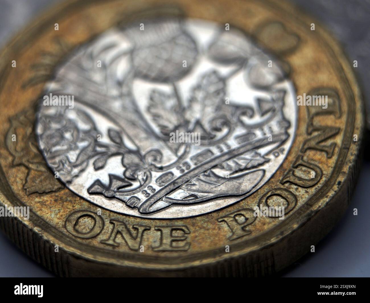Makro der Rückseite einer älteren 1-Pfund-Sterling-Münze (1 £) mit selektivem Fokus. Konzept: Wirtschaft, Inflation, Währung, Stockfoto