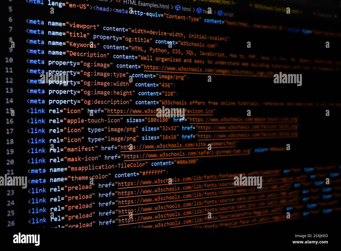Softwarequellcode. Programmiercode. Programmiercode auf dem Computerbildschirm. Entwickler, der im Büro an Programmcodes arbeitet. Foto des Quellcodes. Technolo Stockfoto