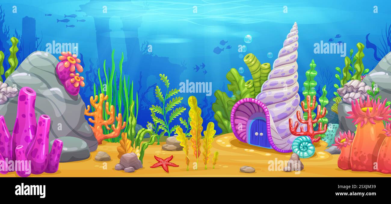 Muschelhaus in Unterwasserlandschaft, Hintergrund für Zeichentrickspiele. Magische Unterwasserwelt Cartoon Vektor Spiel Hintergrund mit Feen Kreatur Muschel Stock Vektor