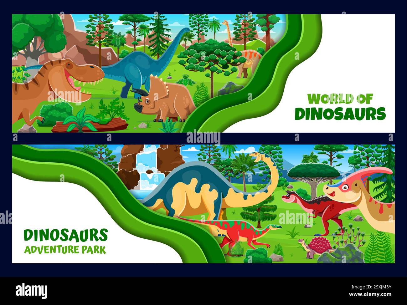 Dinosaurier Park Papier geschnitten Banner. Papercut-Banner mit Brontosaurus, triceratops, Tyrannosaur, Brachiosaurus und Melanor Stock Vektor