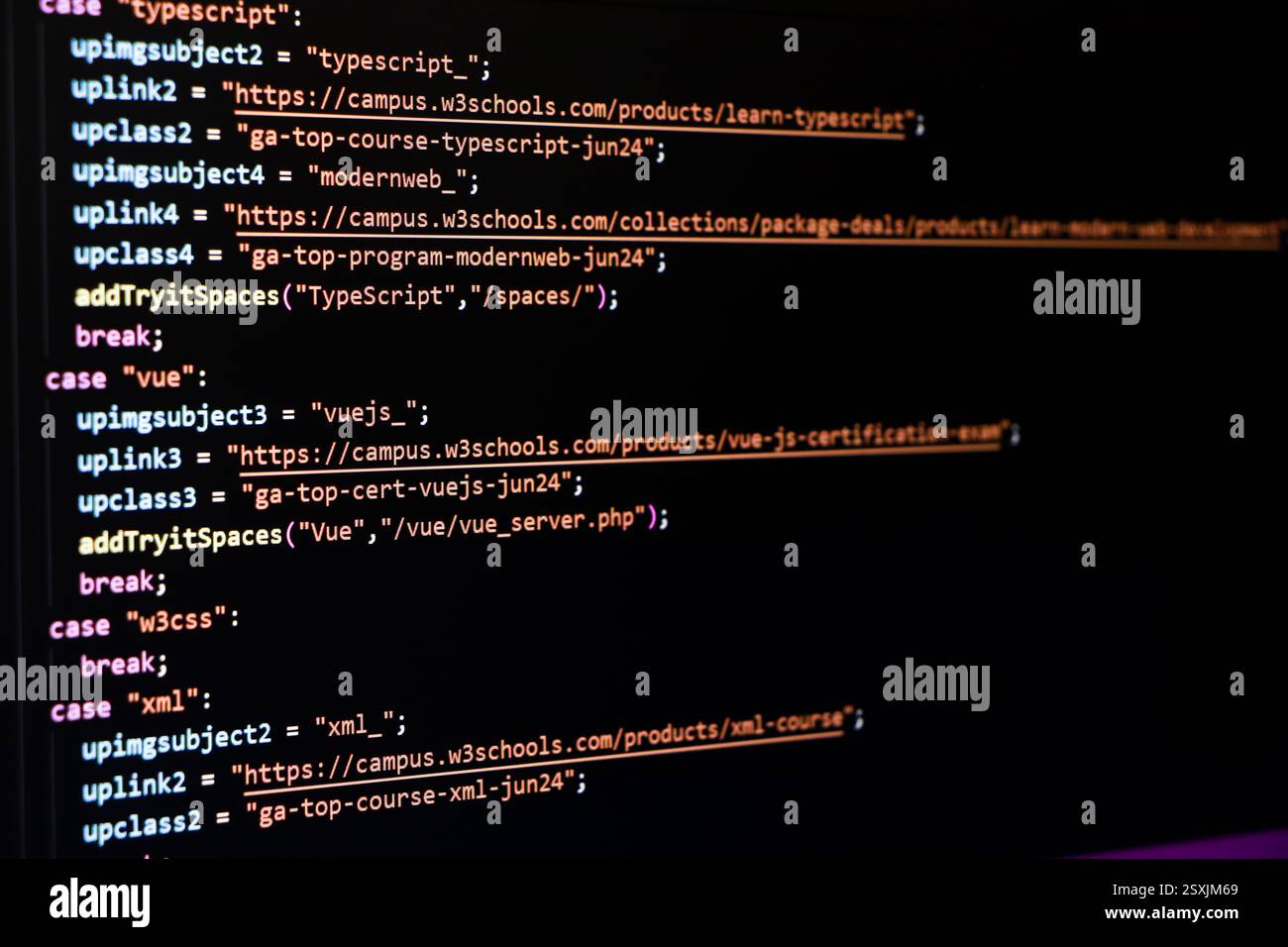 Softwarequellcode. Programmiercode. Programmiercode auf dem Computerbildschirm. Entwickler, der im Büro an Programmcodes arbeitet. Foto des Quellcodes. Technolo Stockfoto
