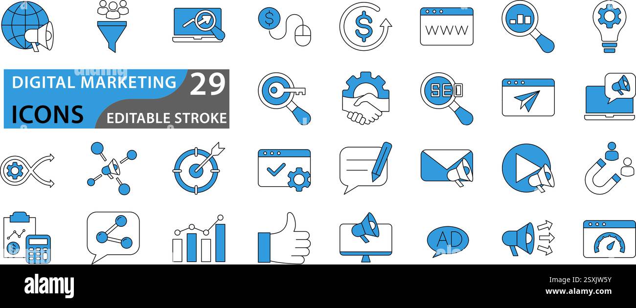 Symbolsatz für digitales Marketing. Enthält seo, Inhalte, Websites und Online-Werbung. Symbolvektorsammlung. Stock Vektor