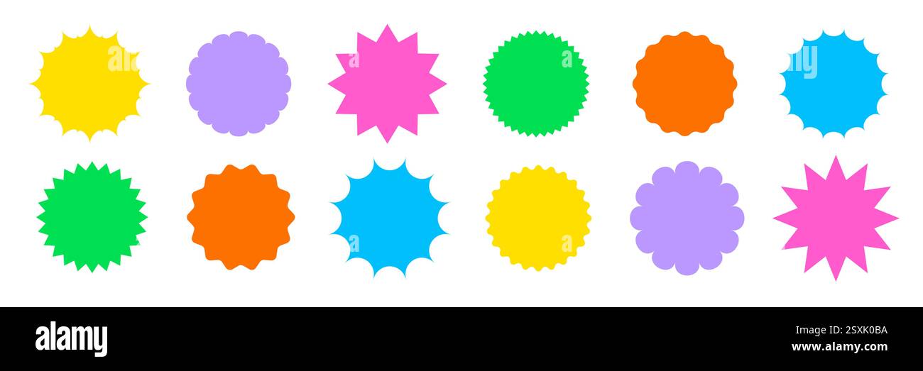 Rundes Sternenaufkleber-Symbol-Set. Kreisförmige Starburst-Etikettenform für Werbeabzeichen, Sonderangebot, Preisangebot. Symbol für runden Tag-Form-Vektor. Sonderangebot mit grafischem Design. Vektorabbildung. Stock Vektor