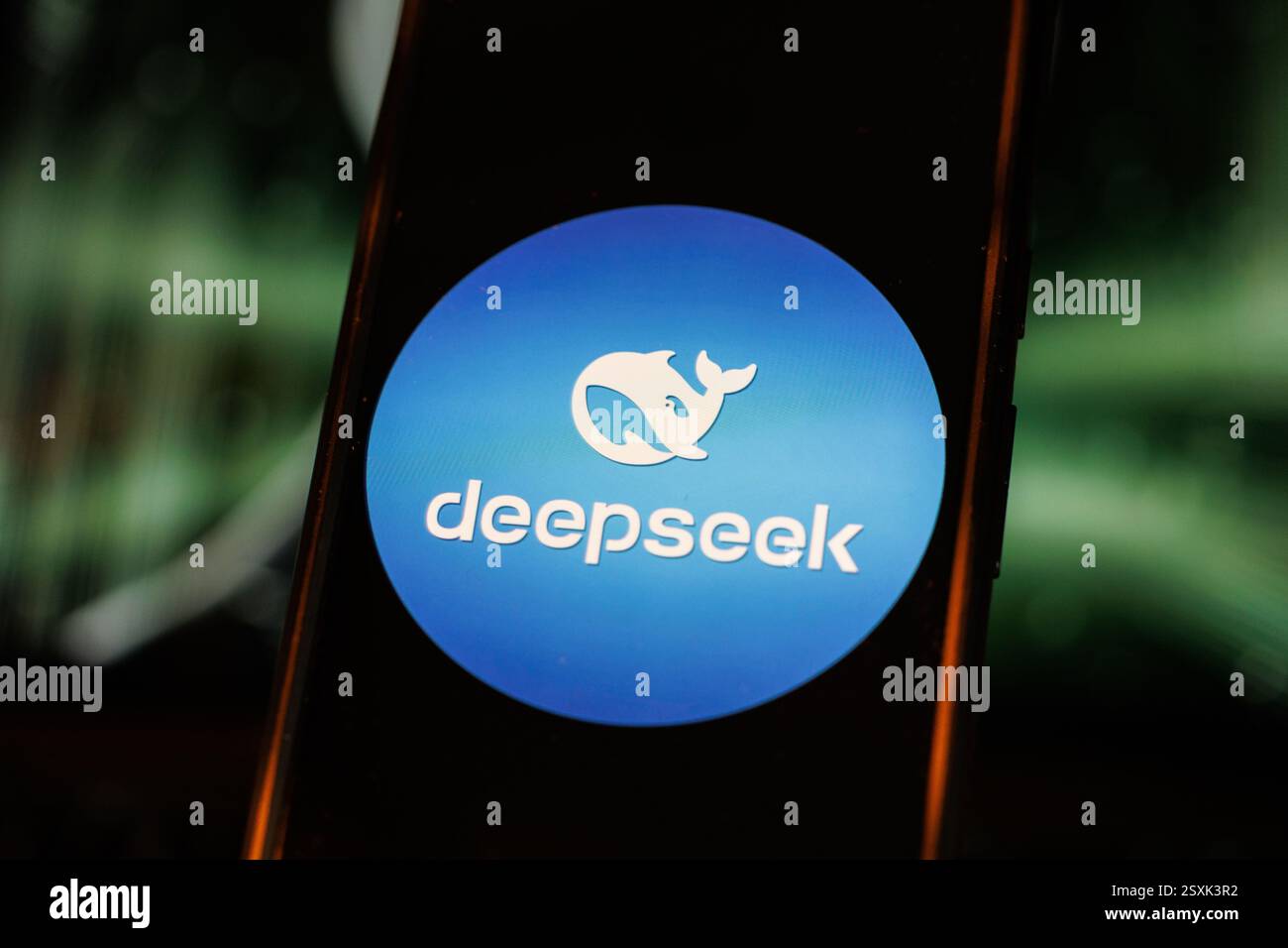 Hongkong, China. Februar 2025. In dieser Foto-Illustration werden KI-Apps (Artificial Intelligence) von DeepSeek auf einem Smartphone-Bildschirm vor dem Hintergrund eines KI-generierten humanoiden Bildes gesehen. Quelle: SOPA Images Limited/Alamy Live News Stockfoto