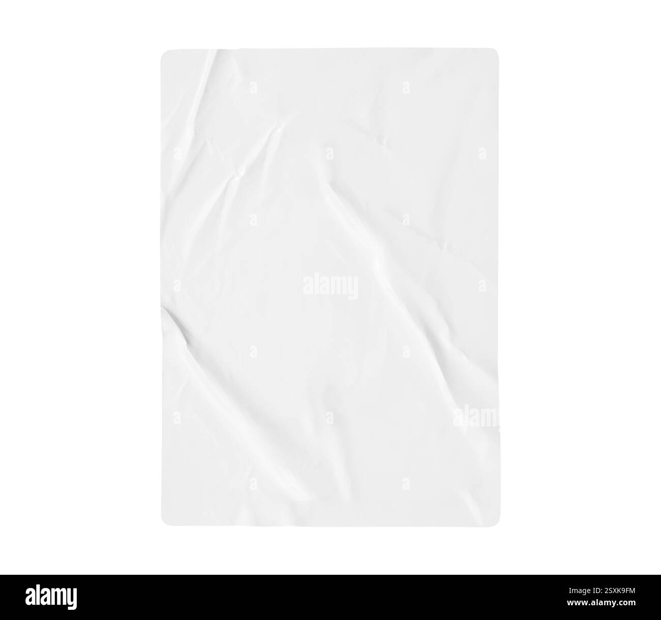 Leere weiße, zerknitterte und gefaltete Posterstruktur isoliert auf weißem Hintergrund Stockfoto