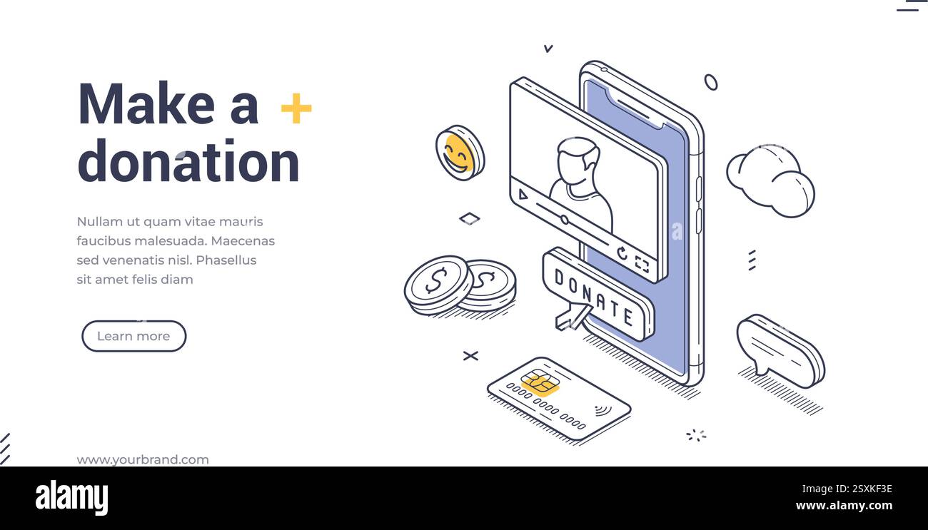 Online-Spendenaktivitäten isometrisches Webbannerdesign. Es enthält ein Telefon mit einer Spendenschnittstelle und verschiedenen Elementen, die Geld und darstellen Stock Vektor