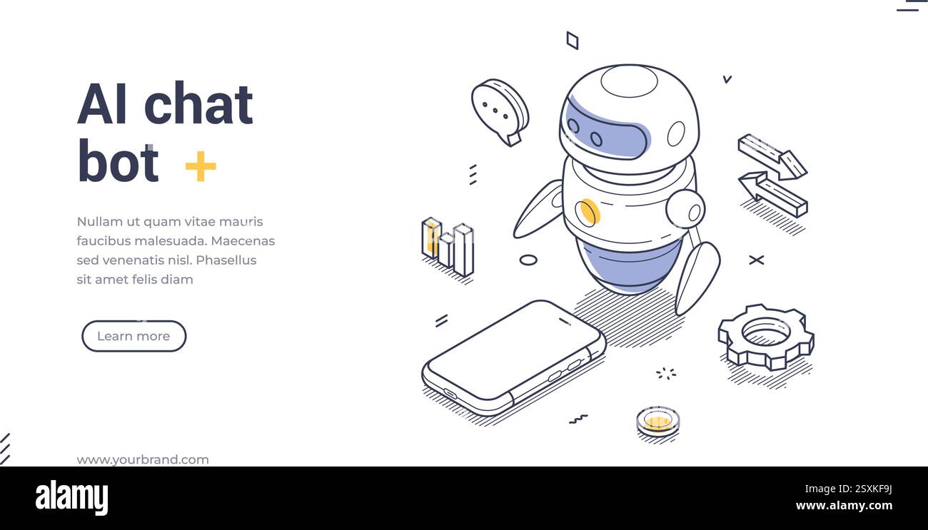 Benutzerfreundliche Webbanner-Vorlage für AI-Chat-Bot. Enthält verschiedene Elemente wie ein Smartphone und Symbole, die für digitales Marketing geeignet sind. Moderner isometrischer Vektor Stock Vektor