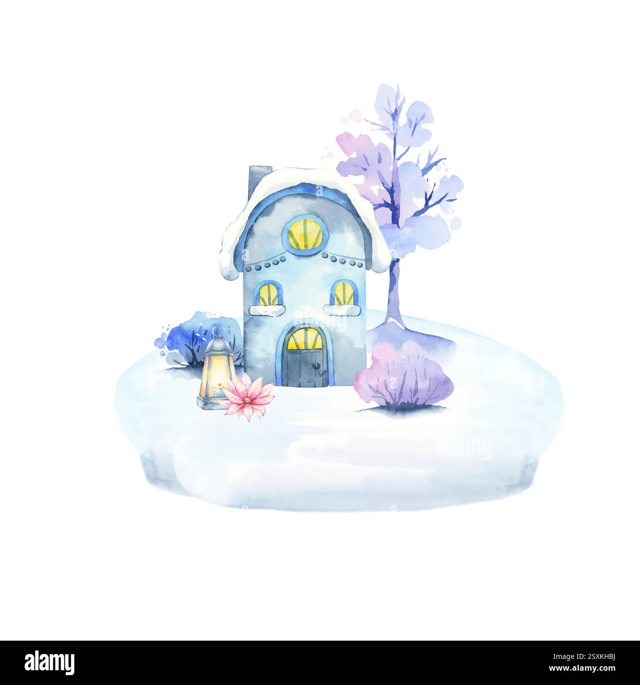 Kinder-Winter-Illustration. Haus auf dem Schnee. Aquarell. Clipart Kollektion Stockfoto