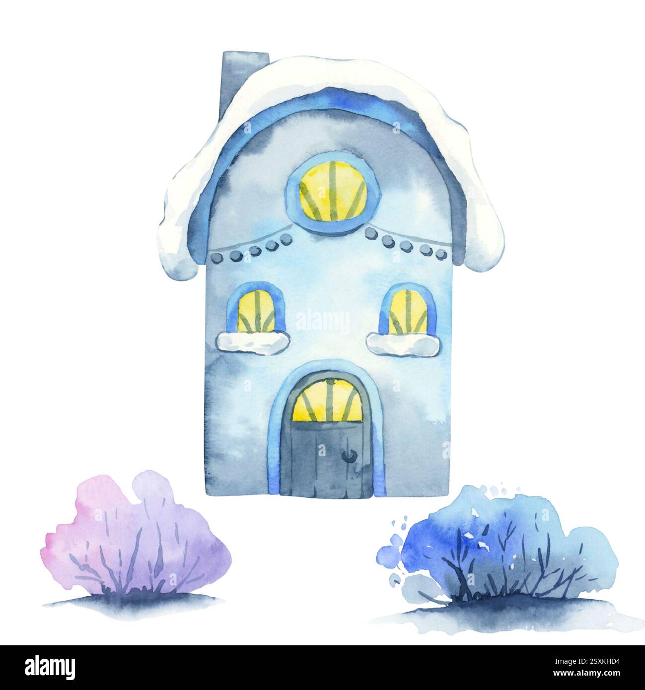Kinder-Winter-Illustration. Haus. Aquarell. Clipart Kollektion Stockfoto