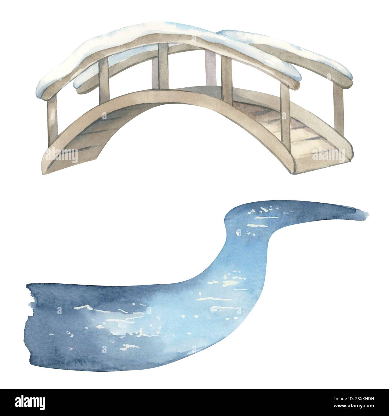 Kinder-Winter-Illustration. Brücke und Fluss. Aquarell. Clipart Kollektion Stockfoto