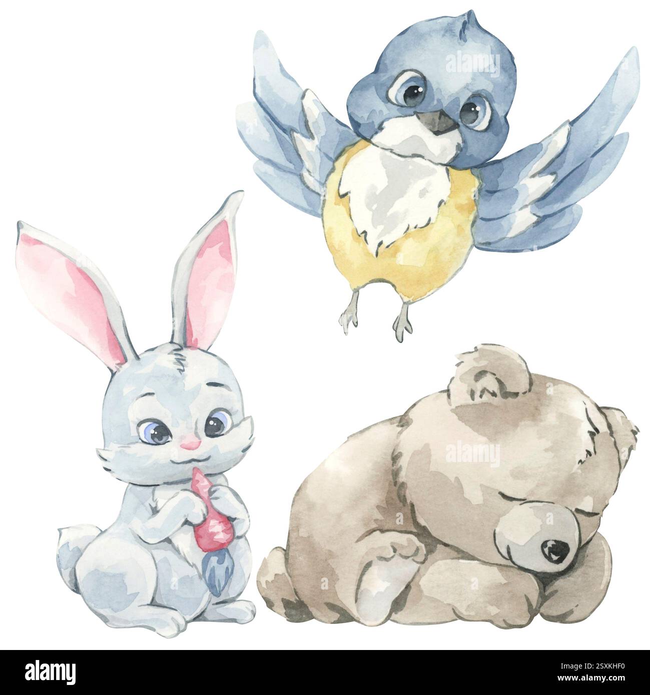 Kinder-Winter-Illustration. Tiere. Aquarell. Clipart Kollektion Stockfoto