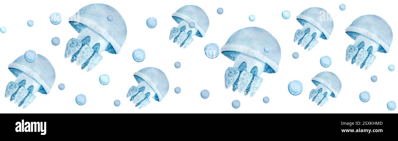 Quallen-Aquarell nahtlose Grenze isoliert auf weiß. Clip Art. Hochwertige, handgezeichnete, einfarbige blaue Illustration für Notizbücher, Verpackung Stockfoto