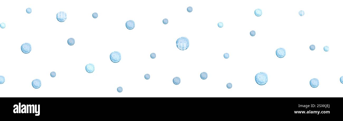 Blaue Wasserblasen nahtloser Rand in Aquarellfarbe isoliert auf weiß. Hochwertige, handgezeichnete monochromatische Illustration für Notizbücher, Poster, Tapeten Stockfoto