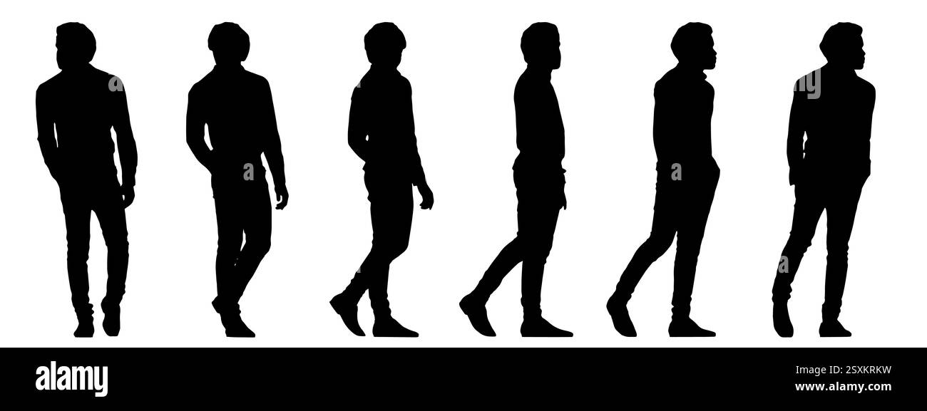 Vektorkonzept konzeptuelle schwarze Silhouette eines jungen Mannes, der aus verschiedenen Perspektiven auf weiß wandert. Eine Metapher für Freizeit, Mode Stock Vektor