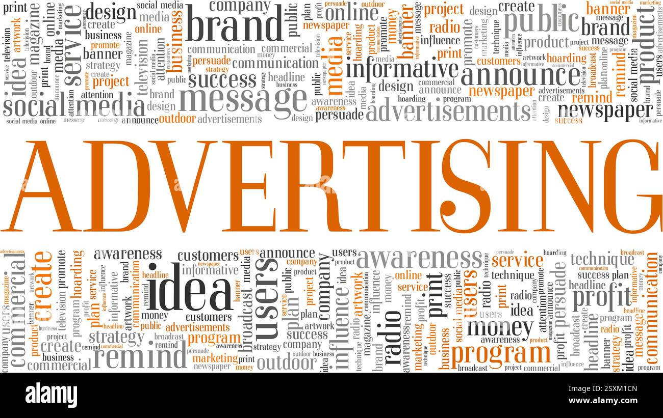 Werbe-Vektor-Illustration Wortwolke isoliert auf weißem Hintergrund. Stock Vektor