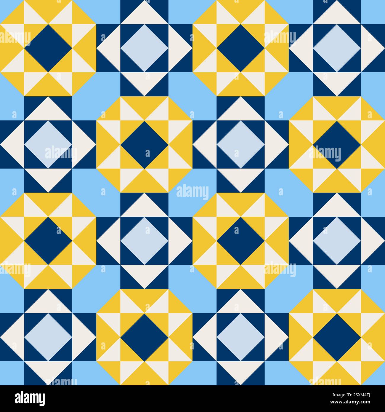 Stilisierte Sonnenblumen Flickwerk-Stil, geometrisches Muster, nahtlose sich wiederholende Muster, Vektorkunststil, einfache Formen, flache Quiltblöcke, Retro d Stock Vektor