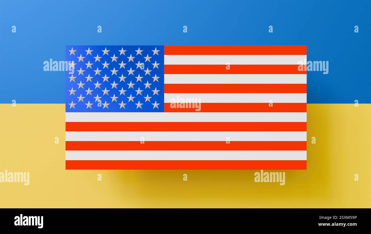 3D-Modell der Flagge Amerikas und der Ukraine, Flaggen zweier Länder, Freundschaft und Partnerschaft Stockfoto