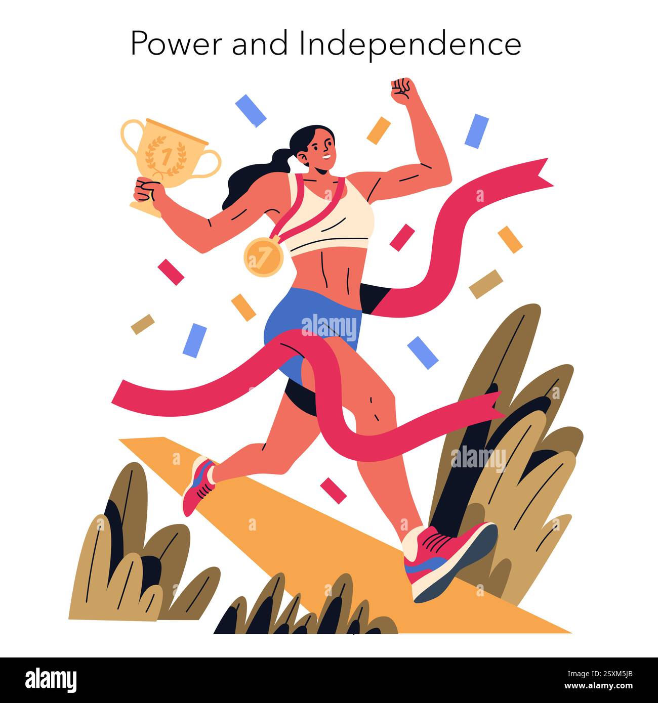 Der Internationale Frauentag feiert die Errungenschaften der Frauen und ihre Empowerment. Diese Illustration zeigt eine starke weibliche Figur, die triumphierend eine Ziellinie überquert und somit Sieg, Unabhängigkeit und Entschlossenheit symbolisiert. Die festliche Atmosphäre unterstreicht den Erfolg, die Widerstandsfähigkeit und den fortwährenden Weg zur Gleichstellung. Vektorabbildung. Stock Vektor