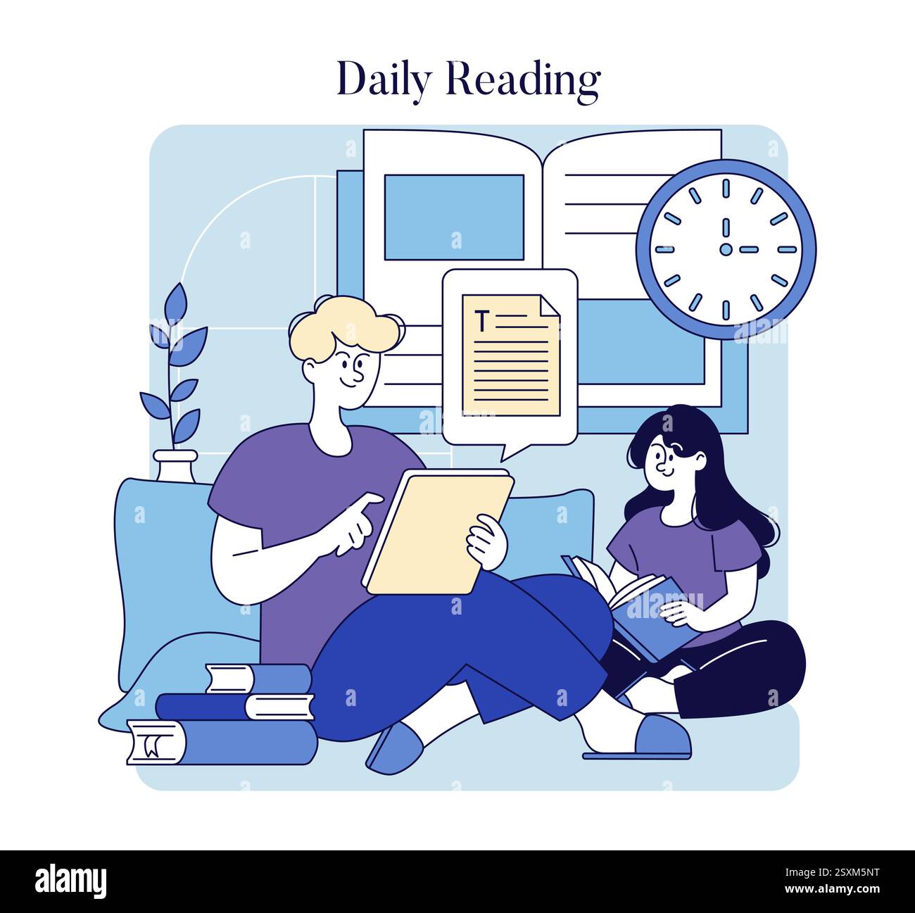 Tägliche Leseszene. Zwei Personen sitzen bequem zu Hause und tauchen in ihre Bücher und digitalen Geräte ein. Die Umgebung bietet eine gemütliche Atmosphäre mit Pflanzen und einer Uhr, die die Freude und Gewohnheit des regelmäßigen Lesens fördert. Vektorabbildung. Stock Vektor