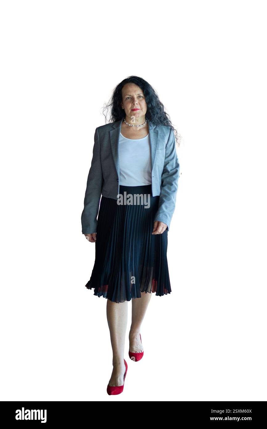 Stilvolle, selbstbewusste Geschäftsfrau aus den 60er Jahren, Führerin, ceo des Unternehmens mittleren Alters, erfahrene Senior-Profi, Business c Stockfoto
