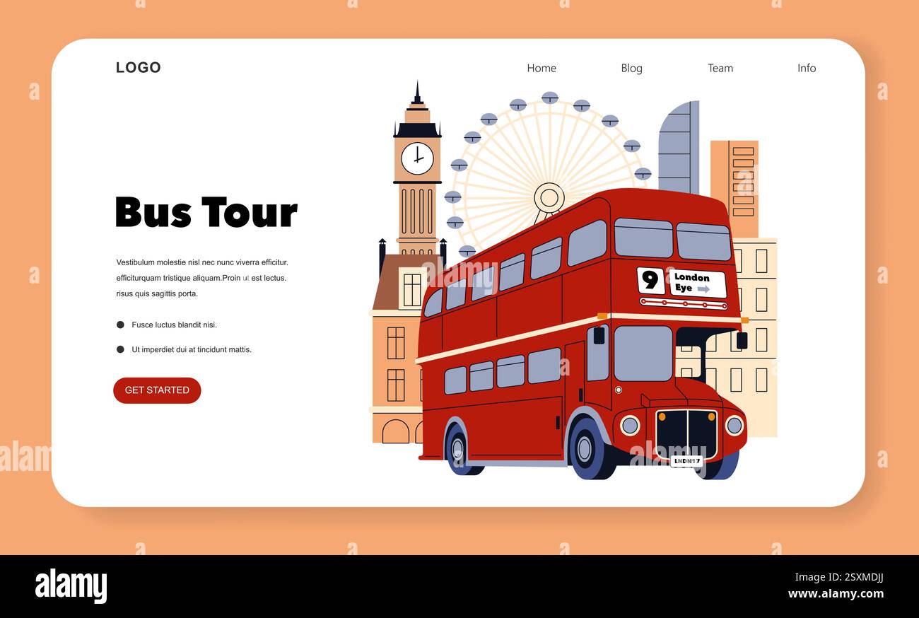 Eurotour-Konzept. Eine visuelle Darstellung einer berühmten Bustour in London mit einem roten Doppeldeckerbus, berühmten Wahrzeichen wie dem London Eye und Big Ben. Ideal für Reisebegeisterte, die städtische Sehenswürdigkeiten erkunden und die britische Kultur erleben möchten. Vektorabbildung. Stock Vektor