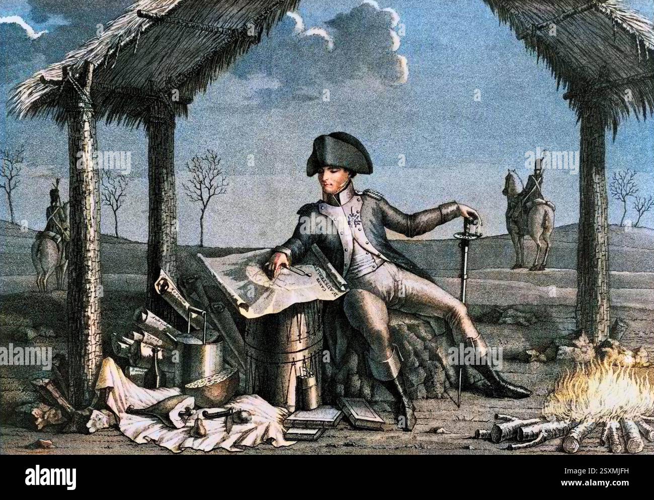 Der Kaiser Napoleon Bonaparte (1769–1821) in seinem Biwak, (durch Gedanken den Sieg von Austerlitz vorbereiten) Stockfoto