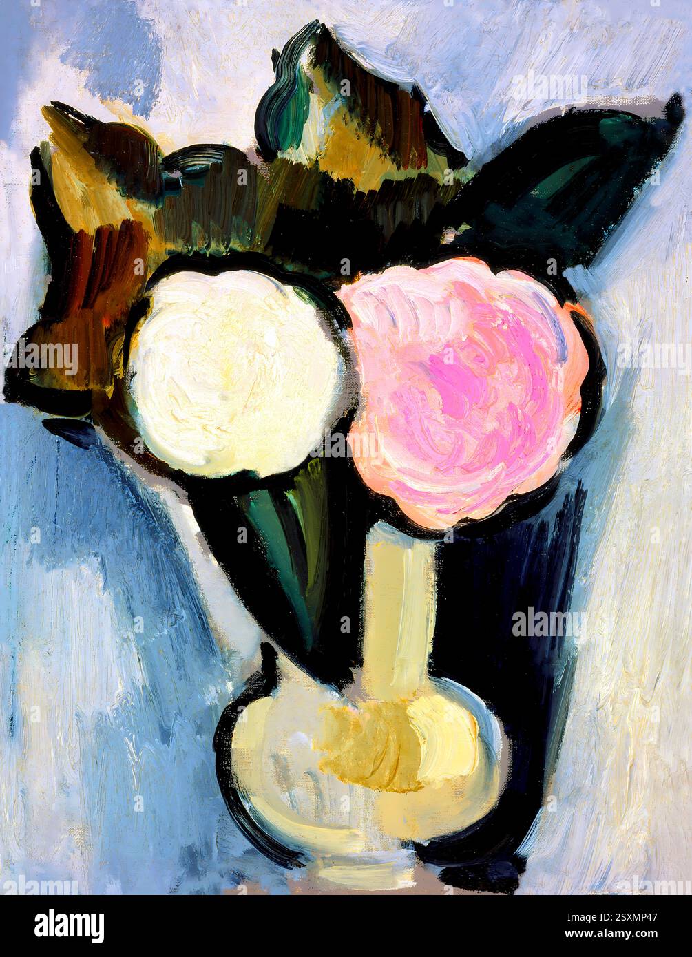 Rosa und weiße Blumen in einer Vase von Marsden Hartley (1929). Stillleben Ölgemälde mit kräftigem Blumenarrangement. Künstler: Marsden Hartley. Stockfoto